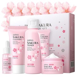 Sakura - Kit de cuidado de la piel para adolescentes y mujeres, juego de regalo de viaje de 5 piezas con limpiador, tónico, suero, crema para los ojos, crema facial