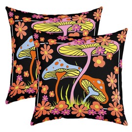 Groovy Flower Reversible Throw Pillow Covers for Retro Floral Boho Mushroom Throw Pillowcases for Sofa Couch Chair 70S Hippie Flowers Square Cushion Covers Set of 2 Psychedelic 16 x 16-Inch