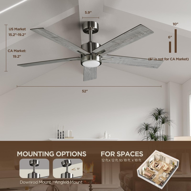 Vagizm 52 Inch Ceiling Fan Brushed Nickel Remote Controlled Dimmable