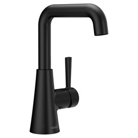 Moen Ronan Matte Black Double Bend Single Hole Modern Bathroom Sink Faucet with Optional Deckplate and Spring Loaded Drain Assembly, 84024BL