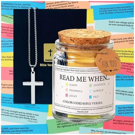 PXIRQ Bible Verse Jar - Inspirational Scripture Cards & Cross Necklace - Christian Gifts for Women, Men, Mom, Dad, Teens, Fathers Day, Birthdays, Graduation - Daily Encouragement, Prayer, Bible Study