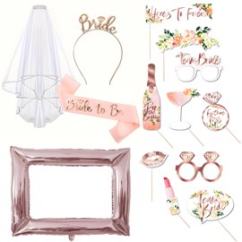 VEGCOO 14 Pz Accessori EVJF, Accessori per Photomaton di Nozze, Accessorio per addio al nubilato, Accessorio EVJF Future Sposa, Oro Rosa Sposa Team Bride Accessori Kit
