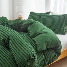 WARMDERN Boho Duvet Cover Set Queen Size,Forest Green Striped Duvet Cover Microfiber Bedding Set,3PCS Ultra Soft Breathable Lightweight Tuft Duvet Covers with Zipper Closure(Forest Green,Queen)