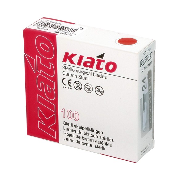KIATO No.24 STERILE Swiss Carbon Steel Semi Circular Cutting Edge Ultra Thin Sharp Surgical Scalpel Blades Individually Wrapped in Foils Disposable 100-count Box Long Expiry Date