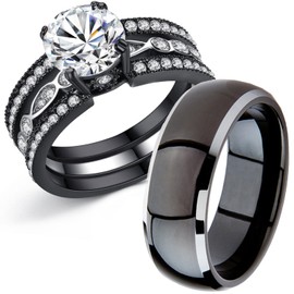 MABELLA Couple Rings Black Men Titanium Matching Band Women Cubic Zirconia Stainless Steel Engagement Wedding Sets Size Women 9 Men 9