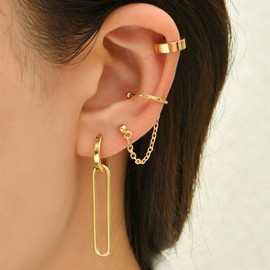 LANGLY Gold Hoop Earrings for Women, 3 Pairs 14K Gold Plated Hypoallergenic Cartilage Huggie Hoop Cuff Chain Earrings Sets for Multiple Piercings