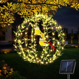 Joomer Solar Ball Lights 30cm 120LED Foldable Metal Sphere Lights with Green Leaf and Bird Solar Garden Lights Outdoor Waterproof 8 Modes Hanging Tree Globe Lights for House Party Decor(Warm White)