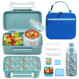 MAISON HUIS Kids Bento Box Set - Includes 8oz Soup Thermo, Insulated Lunch Bag & 17oz Water Bottle, 2-Compartment Bento Box with Built-In Ice Pack, Leak-Proof & BPA-Free