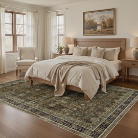 WITSHOCK Brown Olive Living Room Rug 6x9: Vintage Boho Modern Aesthetic Home Decor, Extra Large Dining Room Rugs for Under Table, Oushak Farmhouse Carpet for Bedroom Bedside Kitchen Playroom