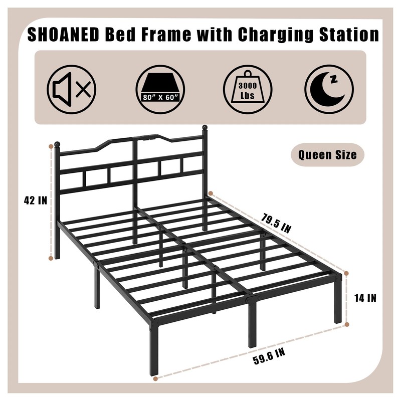 SHOANED Bed Frame with Charging Station - 14 Inch Queen