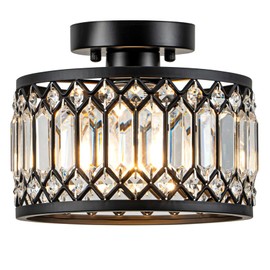 Crystal Ceiling Light, Black Flush Mount Ceiling Light Fixture, Flush Mount Chandelier, light Fixture for Hallway, Entryway, Bathroom; Laundry Room, Kitchen, 1 light, 9 Inch (Bulb NOT included)