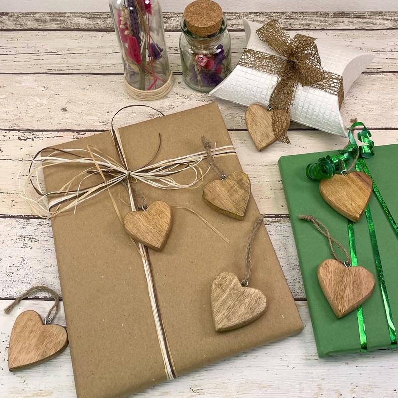 10x Wooden Heart Pendant with Jute Ribbon Approx. 4.5 x