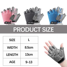 Mecmbj Children's Cycling Gloves, Riding Gloves, Ultra Thin, Non-Slip, Breathable, Fingerless Sports Gloves, for Girls and Boys Age 9-13 (Grey)