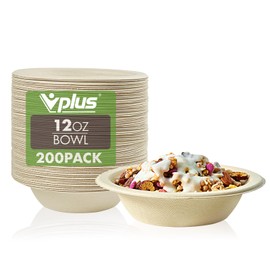 Vplus 200 Pack 12 OZ Paper Bowls, Disposable Compostable Bowls Bulk, Eco-friendly Bagasse Bowls, Heavy-duty Bowls Perfect for Milk Cereals, Snacks, Salads