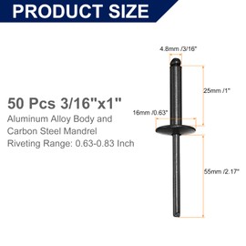 sourcing map 50Pcs 3/16"x1" Aluminum Blind Rivets, Aluminum Grip and Steel Mandrel, Large Flange Fastener Rivets for Metal, Furniture, Automotive, Black