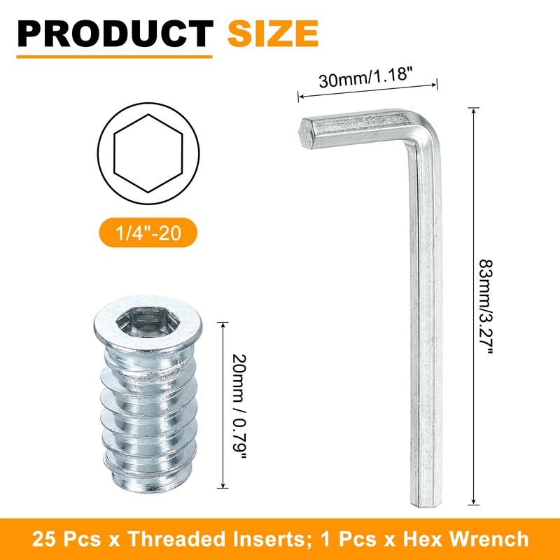sourcing map 25 Pcs Threaded Insert for Wood, 1/4" -
