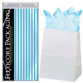 Flexicore Packaging White Kraft Paper Gift Bags & Turquoise Gift Wrap Tissue Paper | Size: 8 Inch X 4.75 Inch X 10.5 Inch | Count: 5 Bags | Color: Turquoise Pin Stripe