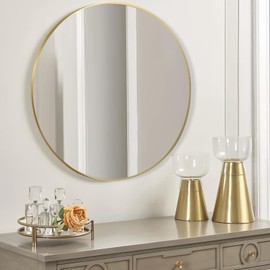FARMER 20 Inch Gold Circle Mirror, Round Bathroom Mirror, Vanity Mirror with Metal Frame, Brushed Wall Mirror for Bathroom, Bedrooms, Entryways, Living Rooms, Vanity, Hallway