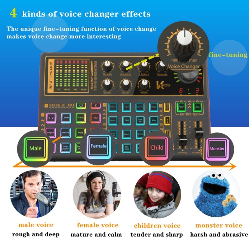 Sound Mixer Board, Voice Changer Sound Card with Multiple Sound