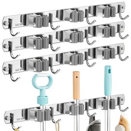 3 Pack Silver Mop and Broom Holder Wall Mount Self Adhesive 3 Racks with 4 Hooks Broom Organizer Wall Mount Stainless Steel Broom Hanger for Home Kitchen Garden Laundry Garage Organization Storage
