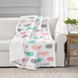 Lush Decor Whale Throw | Ocean Animal Print Fuzzy Reversible Sherpa Blanket - 60” x 50”, Pink and Aqua