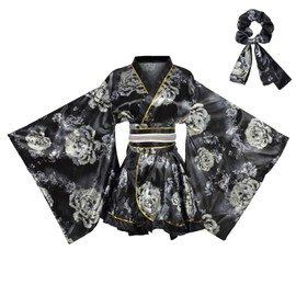 Women's Japanese Kimono Costume Traditional Geisha Short Robe Anime Printed Bathrobe Sleepwear (US, Alpha, One Size, Regular, Regular, Black and grey and white)