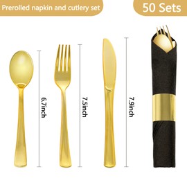 Dlebay 50 Pack Pre Rolled Gold Plastic Silverware Set,Wrapped Plastic Cutlery Set with Napkin Include 50 Forks,50 Spoons,50 Knives and 50 Black Napkins for Party, Wedding,Christmas
