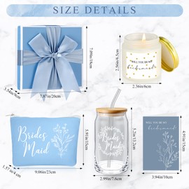 Inbagi Bridesmaid Gifts Box Set of 5 Includes Glass Cup with Lid and Straw Makeup Bag Sage Scented Candle Wedding Invitation Cards Proposal Gifts for Bridal Party Favors (Blue)