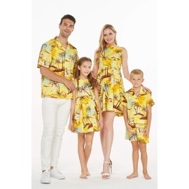 Couple Matching Hawaiian Luau Cruise Outfit Shirt Tank Dress Sunset and Dolphin Yellow Men XL Women 2XL