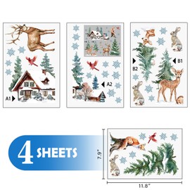 Mfault Winter Wildlife Window Clings, Forest Animals Reindeer Cardinal Fox Rabbit House Pine Tree Stickers Decals Decorations, Farmhouse Christmas Woodland Snowflake Home Living Room Kitchen Decor