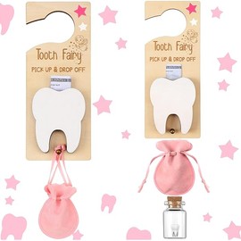 3 Pcs Tooth Fairy Tooth Holder Bag Tooth Fairy Door Hanger with Money Slot Keepsake Bottle Velvet Pouch Tooth Fairy Box Encourage Gift for Lost Teeth Boy Girl Milk Teeth(Pink)