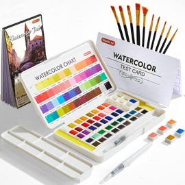 Shuttle Art Watercolour Paint Set, 48 colours Watercolour Paint in Half Pan, 2 Water Brush Pens, 10 Brushes, 1 Pad, 1 Palette, 2 colour Charts, Watercolour Kit for Kids, Adults, Artists