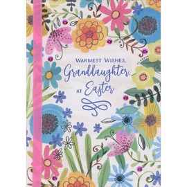 Designer Greetings Colorful Flowers and Leaves, Pink Sequins and Pink Vertical Ribbon 3D Hand Decorated Easter Card for Granddaughter
