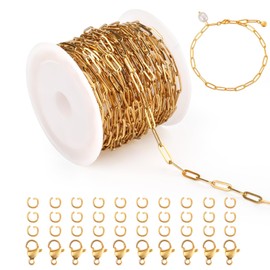 16.4Ft Gold Chain for Jewelry Making,18K Gold Plated Stainless Steel Oval Paperclip Chain Roll with 10 Lobster Clasps and 30 Jump Rings,DIY Charm Necklace and Bracelet,Bulk Chain Spool for Women Men