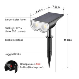 Consciot 16 LED Solar Spot Lights Outdoor, 650LM Dusk-to-Dawn Solar Powered Landscape Spotlights, IP67 Waterproof 3000K Warm White, Wall Light Security Light for Garden Yard Patio Pathway, 2 Pack