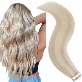 FUOTONBUTY 10pcs Tape in Hair Extensions Human Hair Invisible Tape in Hair Extensions Seamless Tape ins Tape on Real Human Hair Extensions Thick End (Balayage Golden Blonde to Light Blonde, 14 inch)
