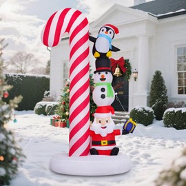 HYRIXDIRECT 8 FT Christmas Inflatable Decorations Candy Cane with Santa Claus Snowman Penguin Christmas Inflatables with Led Lights for Holiday Yard Decor Xmas Indoor Outdoor Yard Decorations
