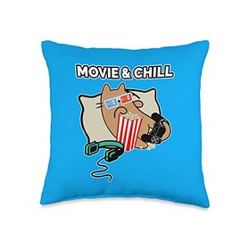 Fruity Cute Cats Cat Girl Gamer Eating Popcorn and Watching Movie Throw Pillow, 16x16, Multicolor