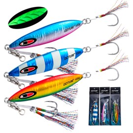 Goture Slow Pitch Jigs,Glow Fall Jig Fishing Lure with Double Assist Hooks, Fishing Jigs Saltwater, Luminous Jigging Lures for Tuna, Dogtooth Tuna, Yellowtail, Kingfish(250g,3 Color)