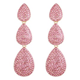 EleQueen Wedding Dainty Triple Teardrop Crystal Earrings for Women, Lightweight Rhinestone Dangling Waterdrop Bridal Prom Costume Jewelry Gift for Brides Bridesmaid Pink Gold-Tone