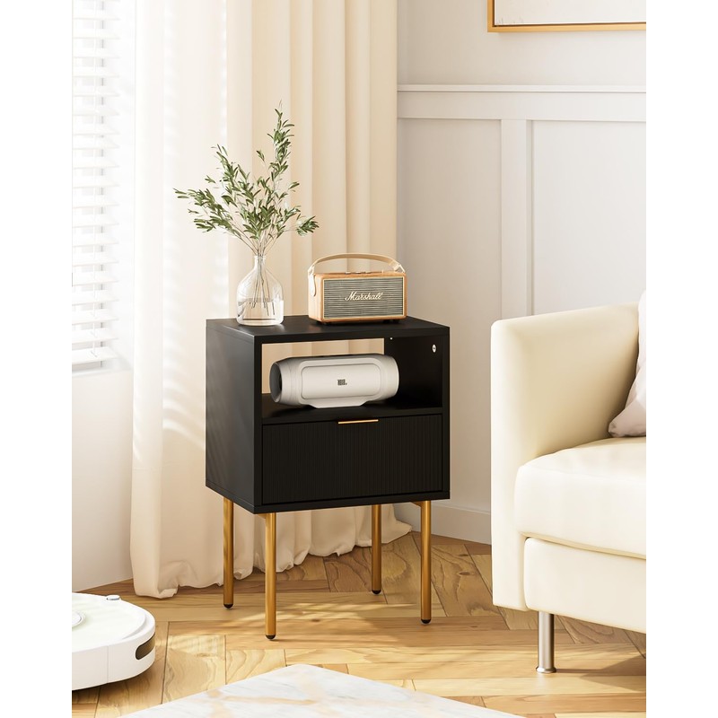 AEPOALUA Nightstand,Morden Bedside Table with Gold Frame,Small Black Night Stand,End