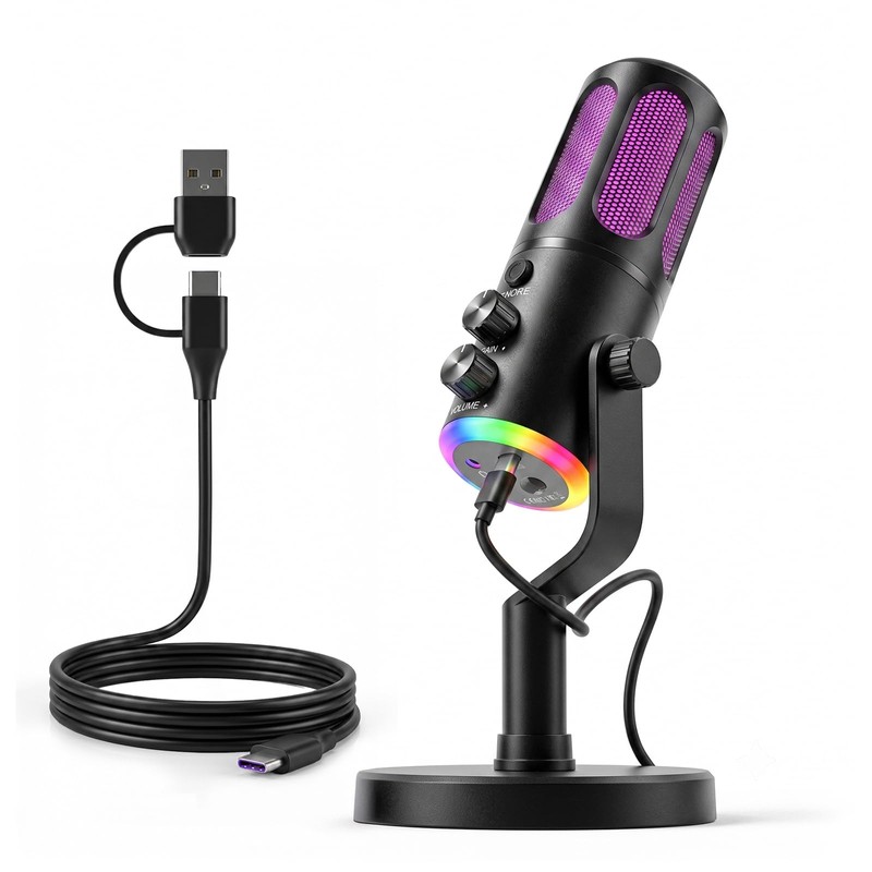Micrófono PC Condensador USB, Microfono para Gamer, RGB, Reducción ENC