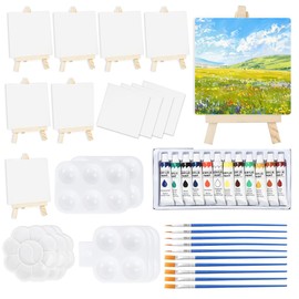 Pack of 8 Mini Canvas with Easel with Acrylic Paints and 2 Painting Palettes Creative Set, 10 x 10 cm Canvas with 15 x 8 cm Mini Easel for Children Party Drawings, for Drawing for Wedding, Birthday
