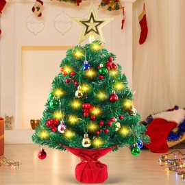 24 Inch Tabletop Christmas Tree, Mini Artificial Christmas Tree with 50 LED Lights, Tree Topper, 20 Ornaments and 56 Red Berries, Tabletop Small Xmas Tree for Holiday Indoor DIY Christmas Decor