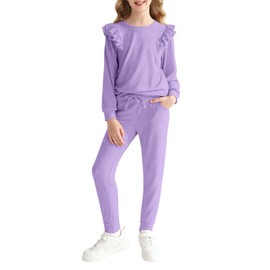 Girls Outfits Back To School Fall Winter Clothes Long Sleeve Fashion Solid Color Set Cute Elegant Ruffled Tops and Pants with Pockets 6-7, 8-9, 9-10, 10-11, 12-13 Years