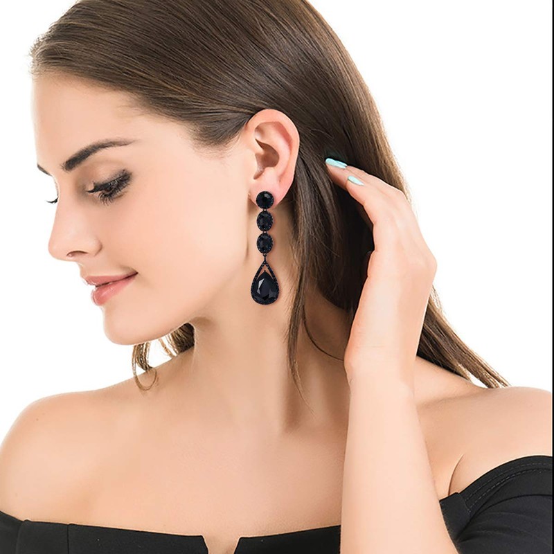 EVER FAITH Black Rhinestone Crystal Multi Teardrop Pierced Drop Dangle