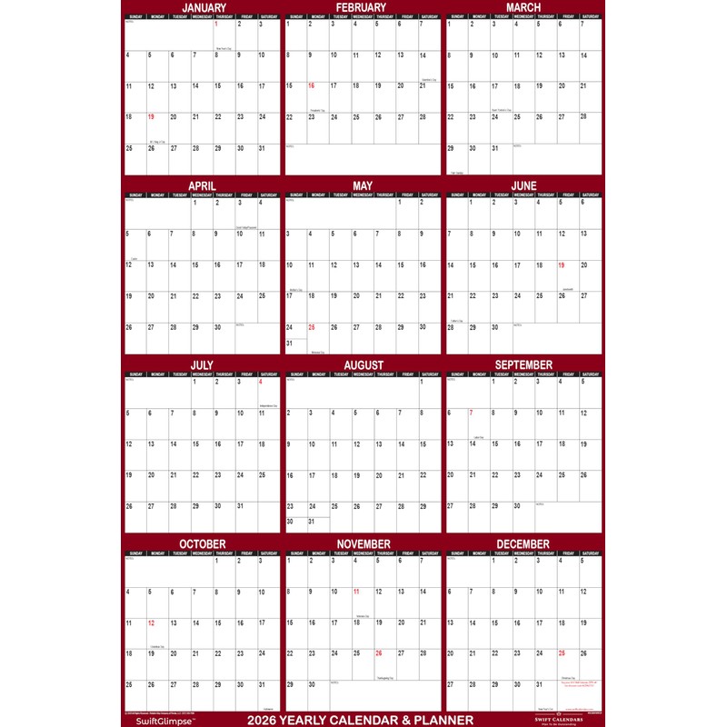 24" x 36" SwiftGlimpse 2026 Wall Calendar Erasable Large Wet