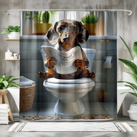 Reateforin - Cortina de ducha de animales divertidos con diseño de perro salchicha, para leer periódico en el inodoro, cortinas de baño, decoración de baño, regalo de salchicha, divertida decoración