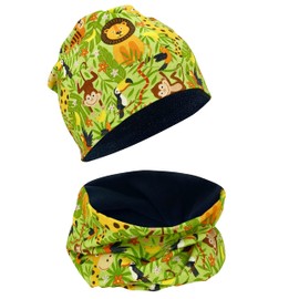 HECKBO Children's Beanie Hat & Scarf, Tube Scarf Set, for Girls and Boys, 95% Cotton, Autumn, Spring, Winter, Jungle