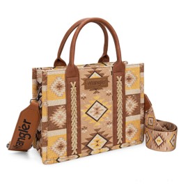 Wrangler Tote Bag for Women, Aztec Pattern Shoulder Purse, Western Style Handbag, Boho Crossbody Satchel, Vintage Leather-Like Top-Handle Design AR-WG2209-8120SLBR